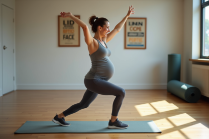 Femme enceinte en sport dans un studio lumineux