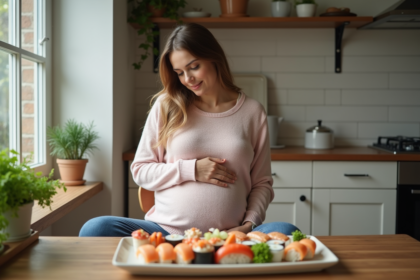 Femme enceinte dans la cuisine avec sushi et plantes