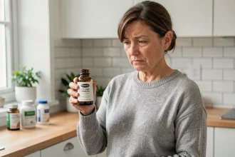 Femme d'âge mûr tenant un flacon d'huile de foie de morue dans une cuisine moderne, examinant le produit avec une expression dubitative
