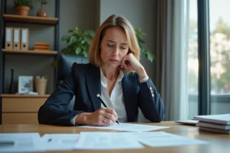 Femme française au bureau étudiant des documents officiels