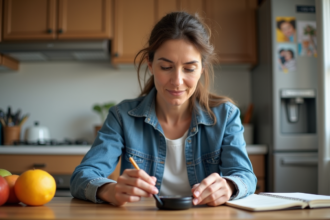Femme moyenne age vérifiant sa glycémie à la maison