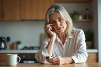 Femme vérifiant sa glycémie dans une cuisine moderne
