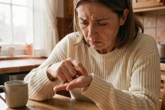 Femme qui se gratte la main droite à la table de cuisine, superstitition argent