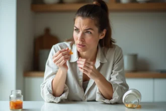 Femme examinant des gummies beauté Bears with Benefits avec une expression dubitative dans une cuisine moderne