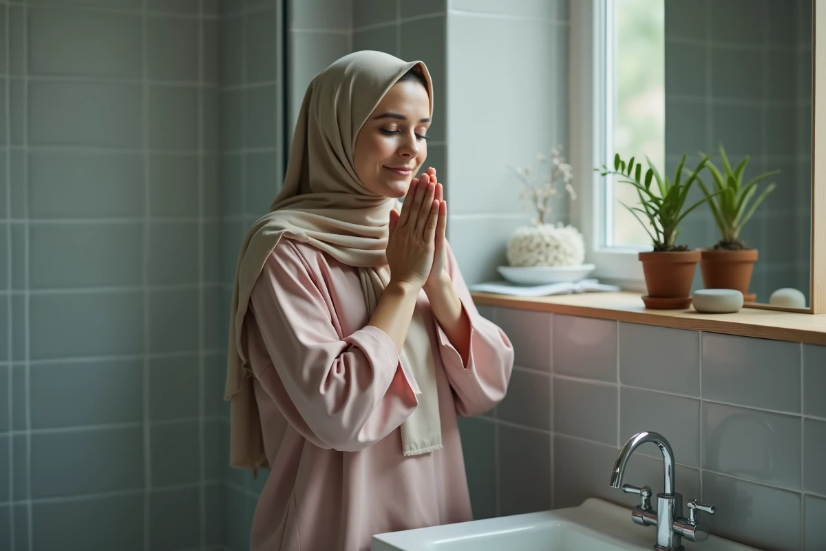 Femme voilée effectuant les ablutions rituelles avec du maquillage permanent sur les sourcils