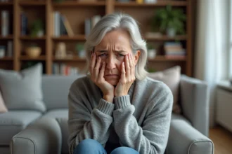 Femme inquiète en intérieur avec expression douloureuse