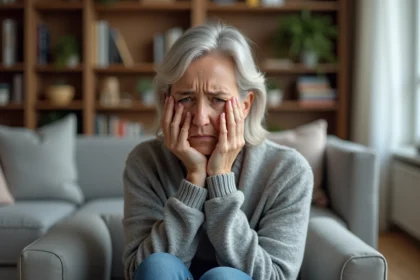 Femme inquiète en intérieur avec expression douloureuse