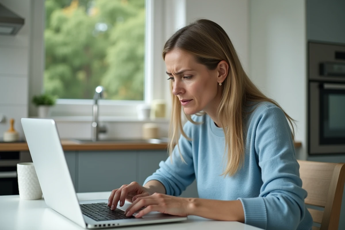 Femme inquiète utilisant son ordinateur portable dans la cuisine