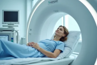 Femme allongée dans un scanner IRM ouvert en salle de radiologie moderne