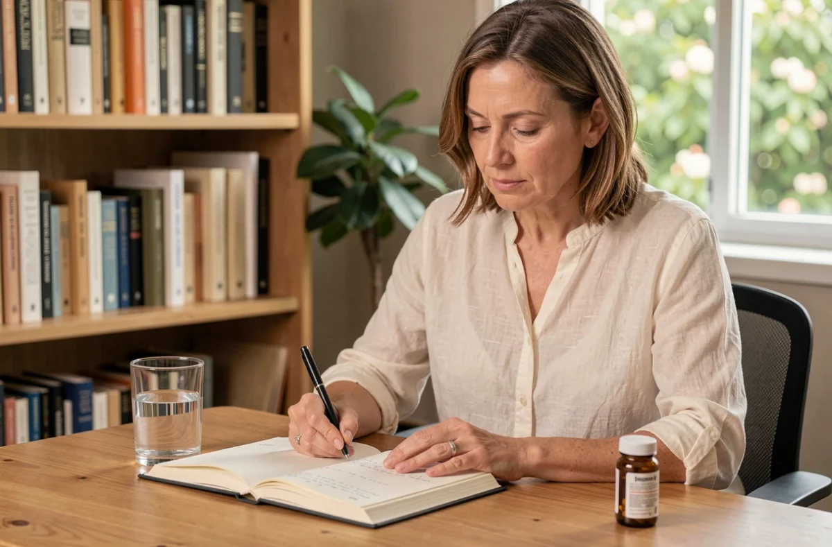 Femme notant ses observations dans un journal de bord à côté d'un complément alimentaire, symbolisant le suivi des effets après plusieurs mois