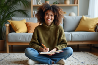 Femme souriante en intérieur en train de journaler