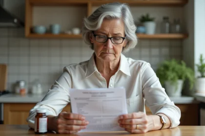 Femme lisant une brochure sur les herbes et médicaments
