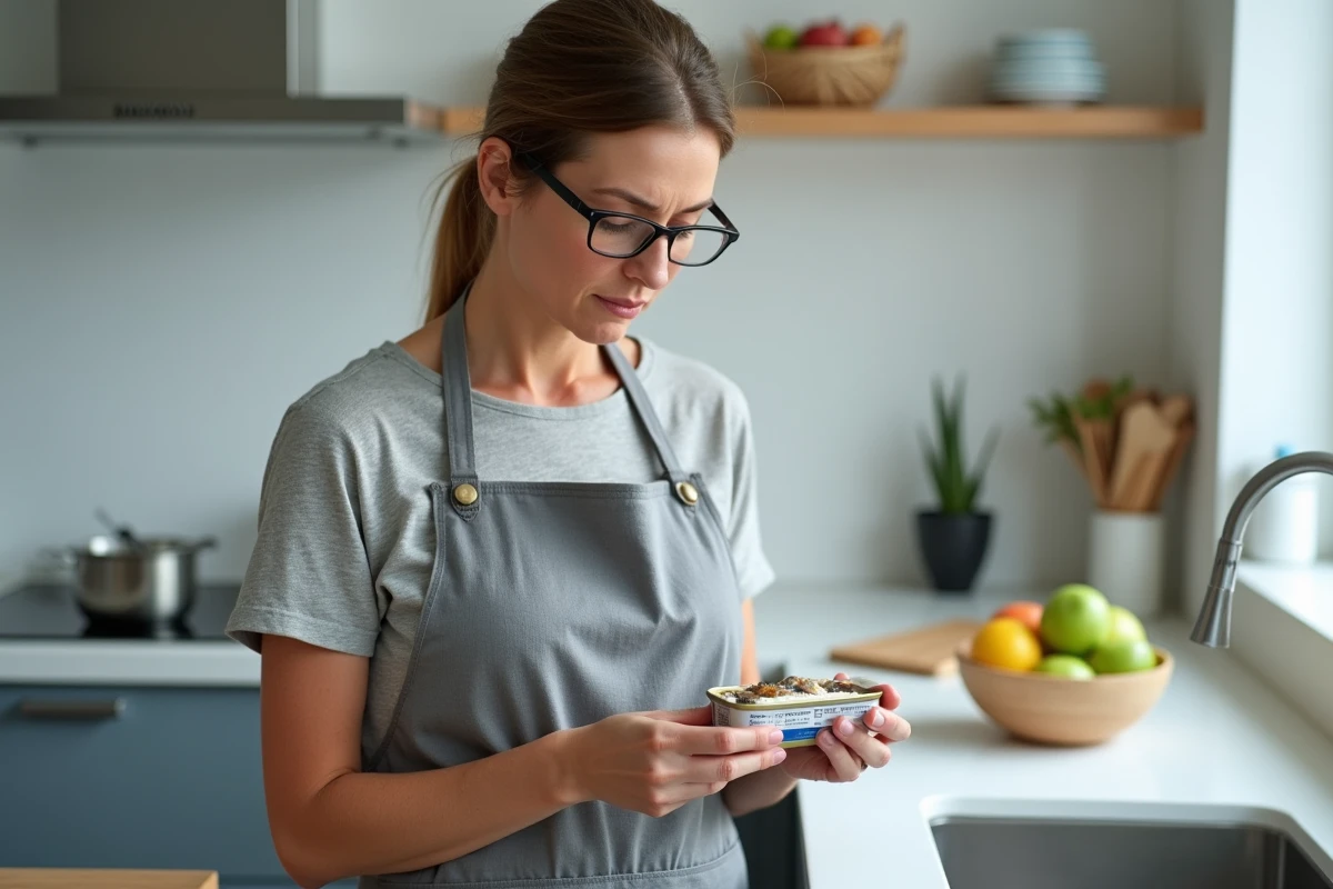 Femme d'âge mûr lisant l'étiquette nutritionnelle d'une boîte de sardines dans une cuisine moderne