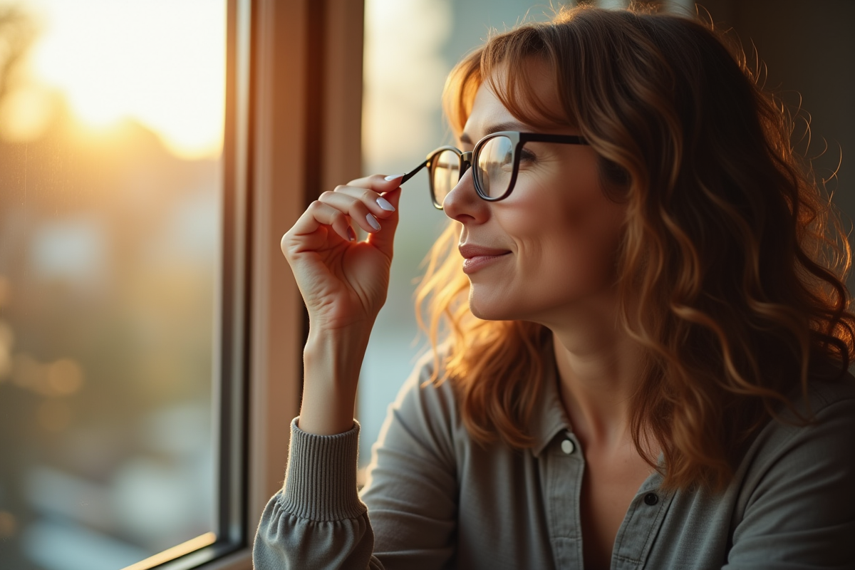 Femme adulte examinant ses lunettes près d'une fenêtre en lumière naturelle