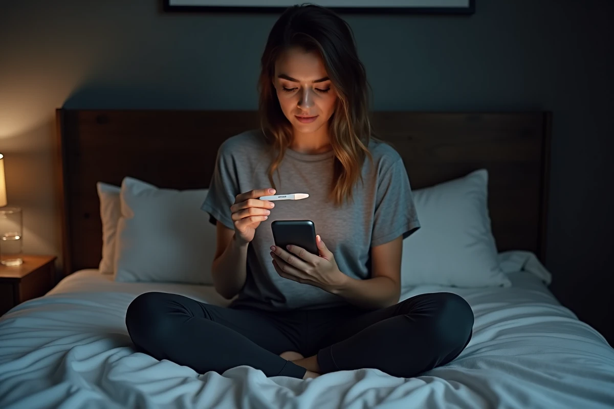 Jeune femme assise sur son lit la nuit consultant son téléphone tout en tenant un test de grossesse