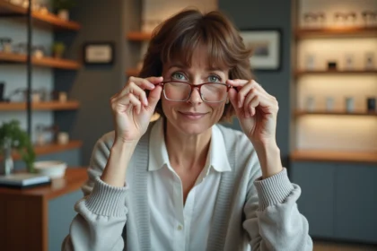 Femme d'âge moyen examinant des lunettes dans une boutique optique