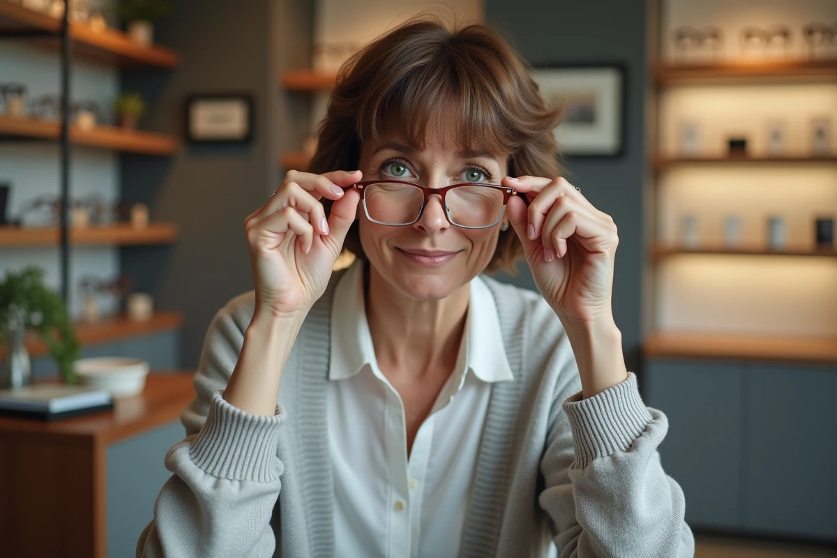 Femme d'âge moyen examinant des lunettes dans une boutique optique