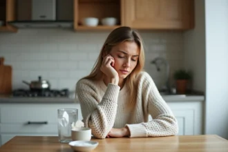 Femme jeune femme en cuisine avec mal de tête