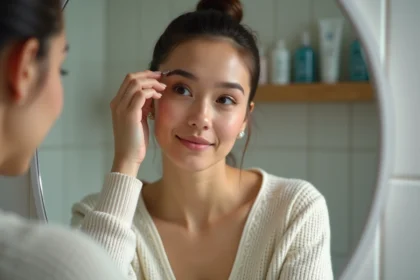 Femme inspectant son maquillage permanent avant les grandes ablutions dans une salle de bain moderne