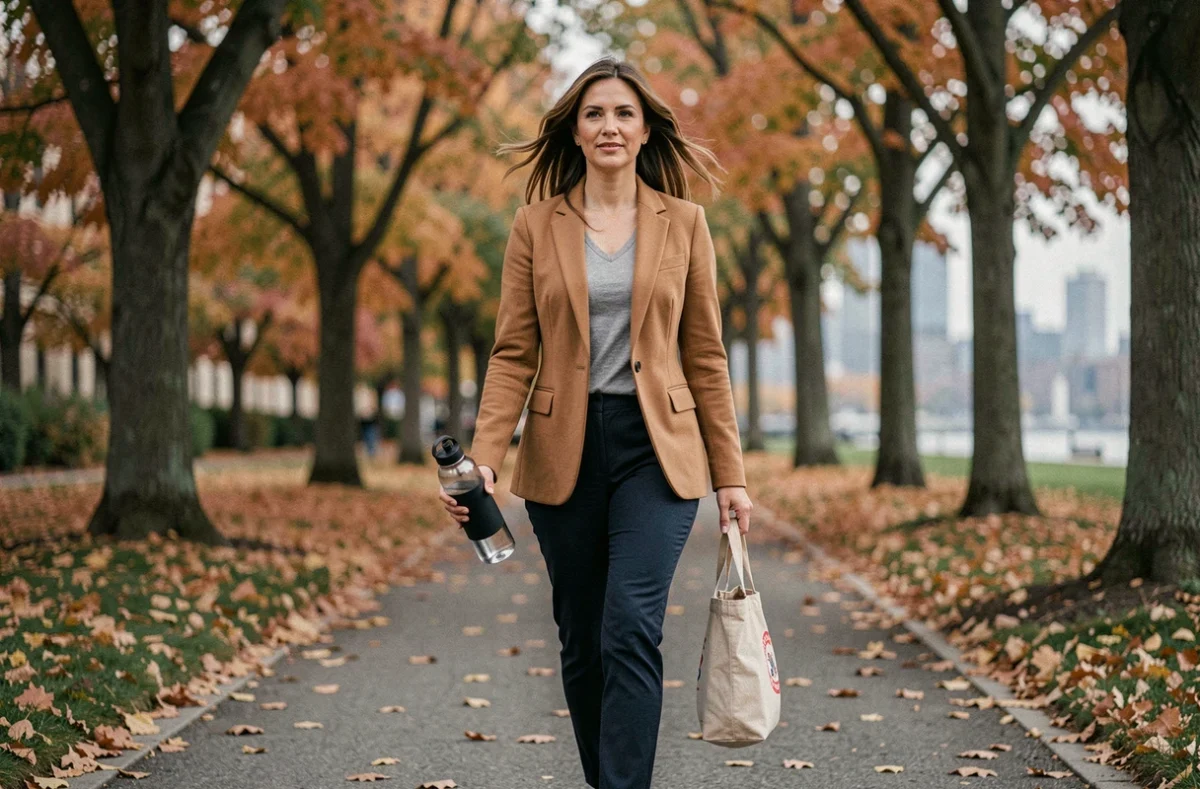 Femme marchant dans un parc urbain en automne avec une bouteille d'eau, représentant le maintien d'un mode de vie sain après une cure minceur