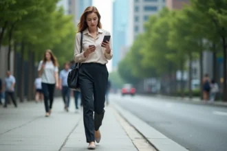 Femme en tenue professionnelle marchant vers son lieu de travail en consultant son smartphone pour évaluer ses déplacements quotidiens