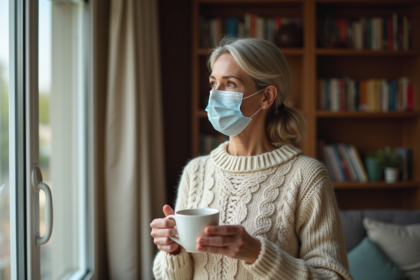 Femme portant un masque et tenant une tasse de tisane dans un salon