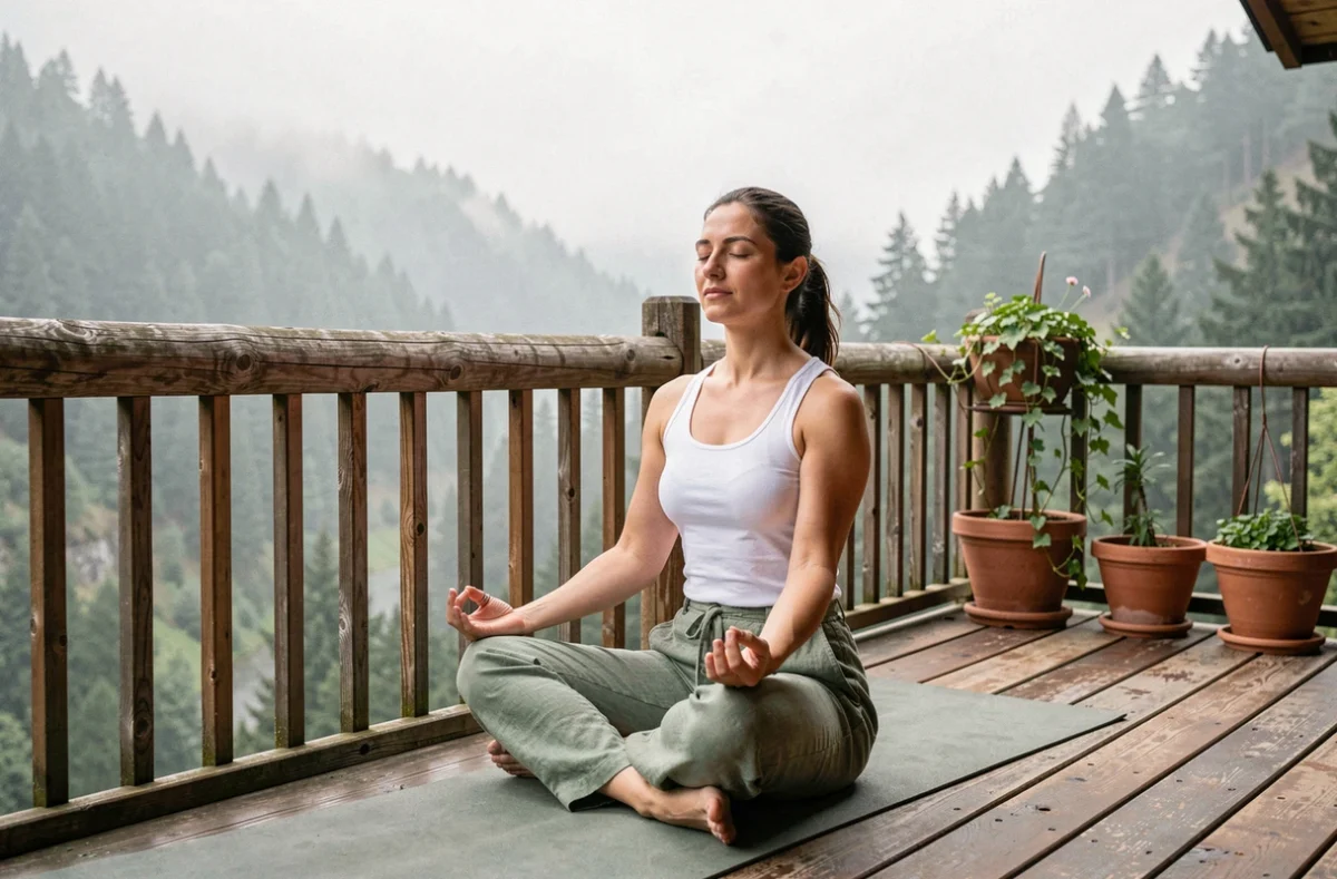 Femme méditant sur un balcon en bois face à une vallée brumeuse de montagne, en posture de pleine conscience, symbolisant le détachement intérieur et la guérison émotionnelle