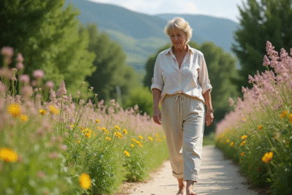 Femme méditerranéenne se promenant dans un jardin fleuri