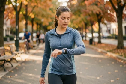 Femme qui regarde sa montre connectée pour convertir ses pas en kilomètres lors d'une marche en parc urbain