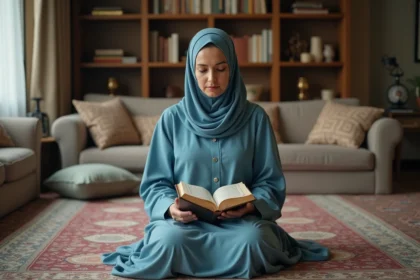 Femme musulmane priant sur un tapis dans un salon calme