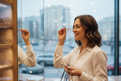 Femme souriante examinant ses lunettes dans une boutique optique moderne