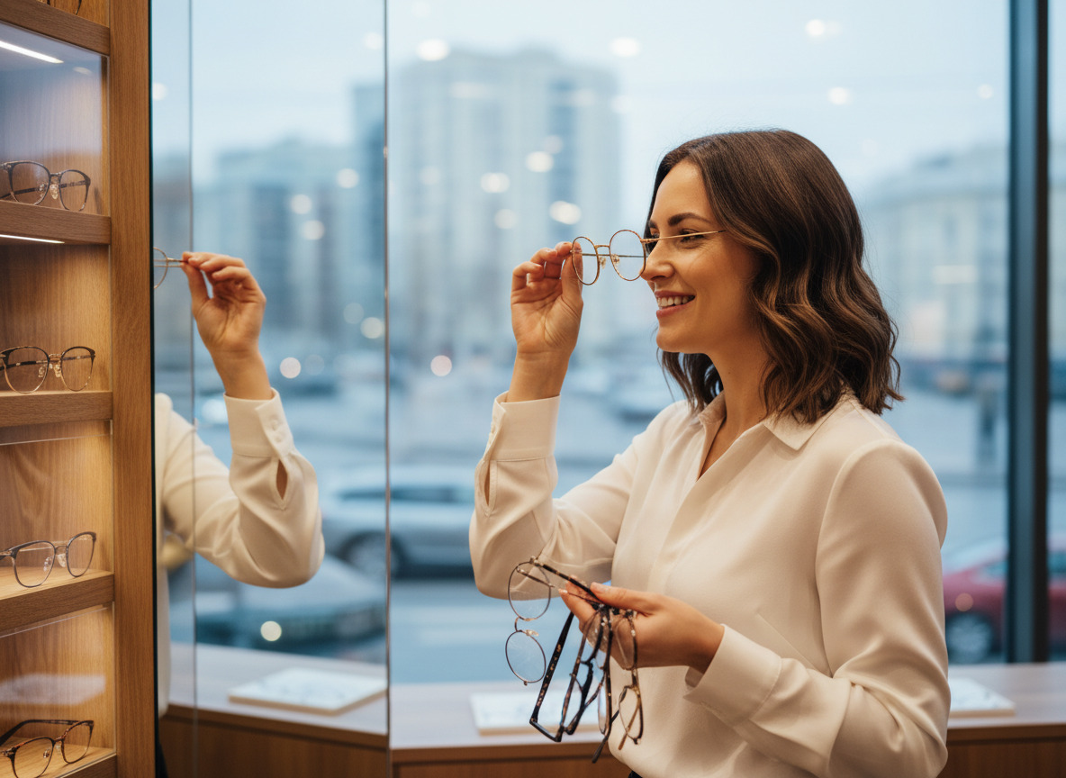 Femme souriante examinant ses lunettes dans une boutique optique moderne