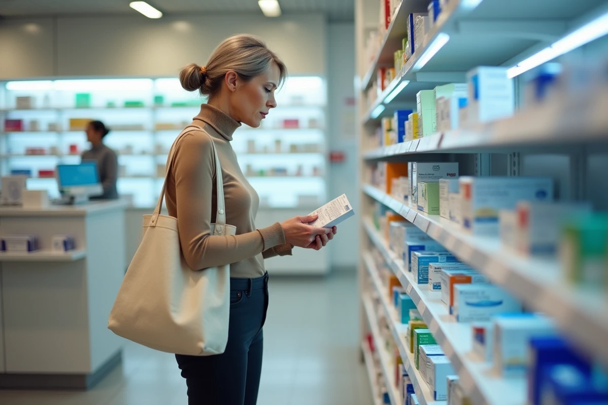 Femme d'âge mûr examinant une boîte d'ovules vaginaux dans le rayon d'une pharmacie