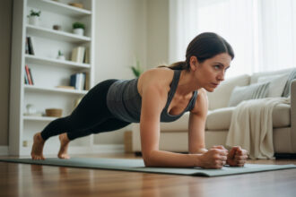 Femme faisant un plank dans un salon moderne