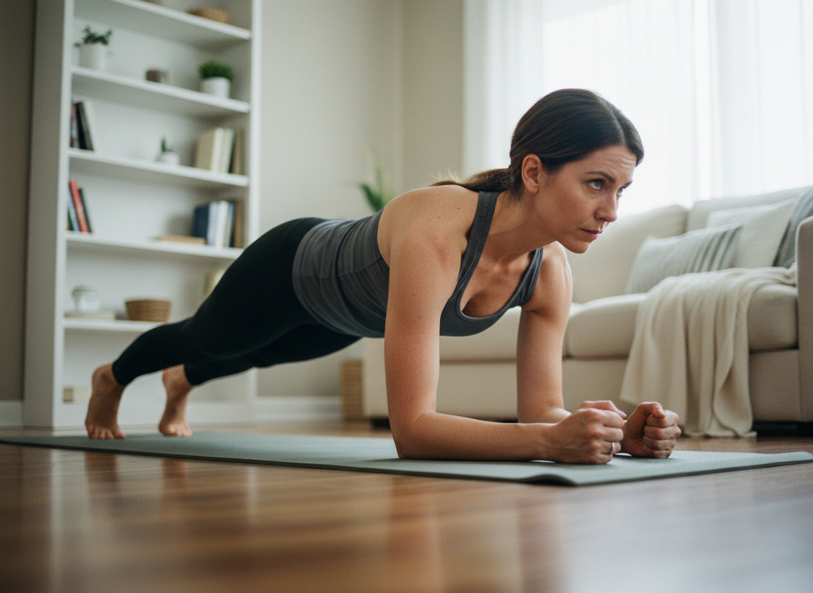 Femme faisant un plank dans un salon moderne