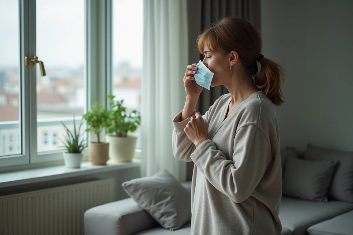 Femme en loungewear tenant un masque devant la fenêtre urbaine