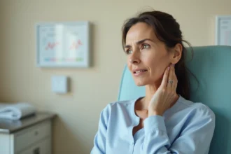 Femme d'âge moyen touchant son cou dans un cabinet médical