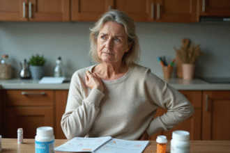 Femme d'âge moyen touchant son dos dans la cuisine