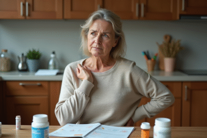 Femme d'âge moyen touchant son dos dans la cuisine