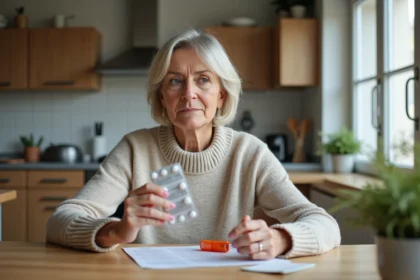 Femme moyenne âge examine médicaments dans la cuisine