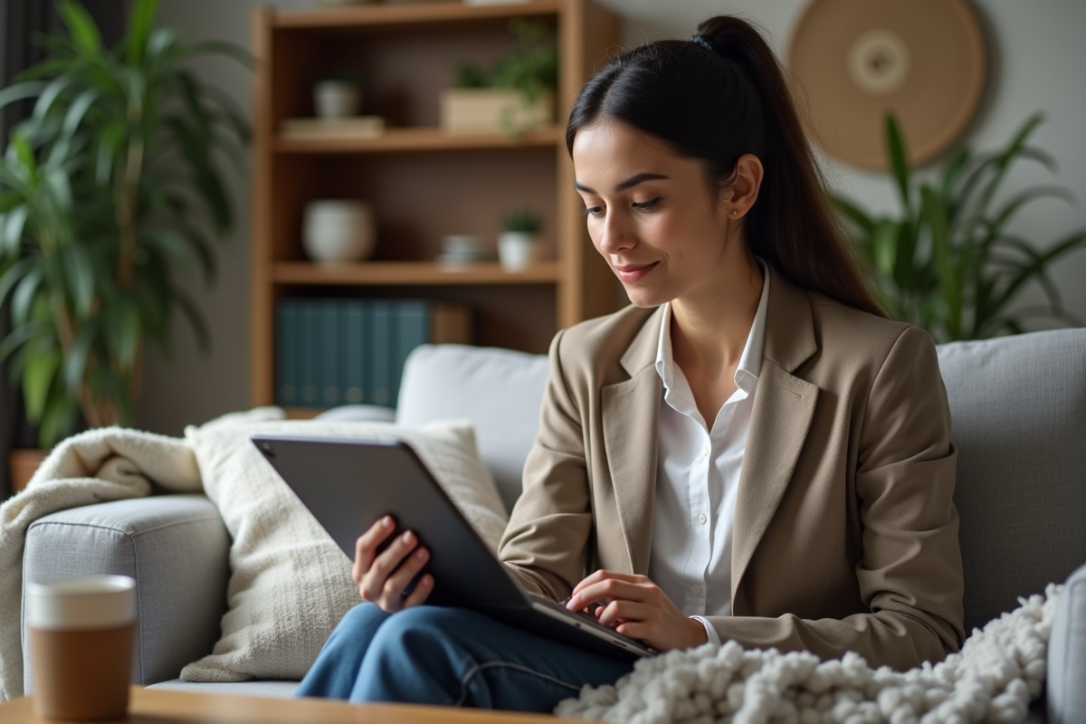Jeune femme professionnelle consulte des profils sur une tablette à la maison