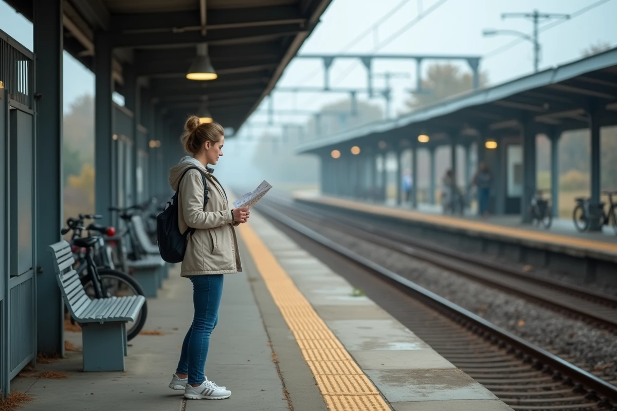 Femme debout sur un quai de gare de banlieue tenant une carte papier pour estimer la distance de son trajet domicile-travail quotidien