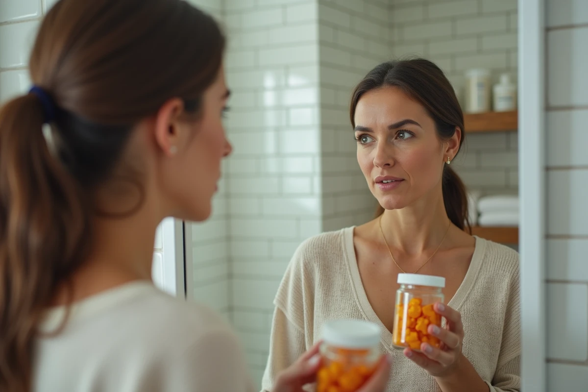 Femme d'une quarantaine d'années tenant des gummies beauté devant un miroir de salle de bain avec une expression hésitante