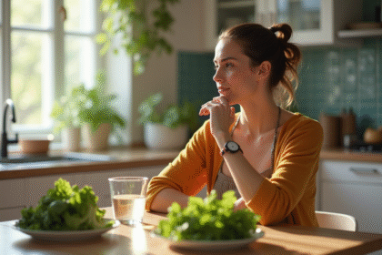 Femme pensant à sa santé dans la cuisine lumineuse