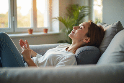 Jeune femme relaxant avec un oreiller cervical ergonomique dans un salon lumineux