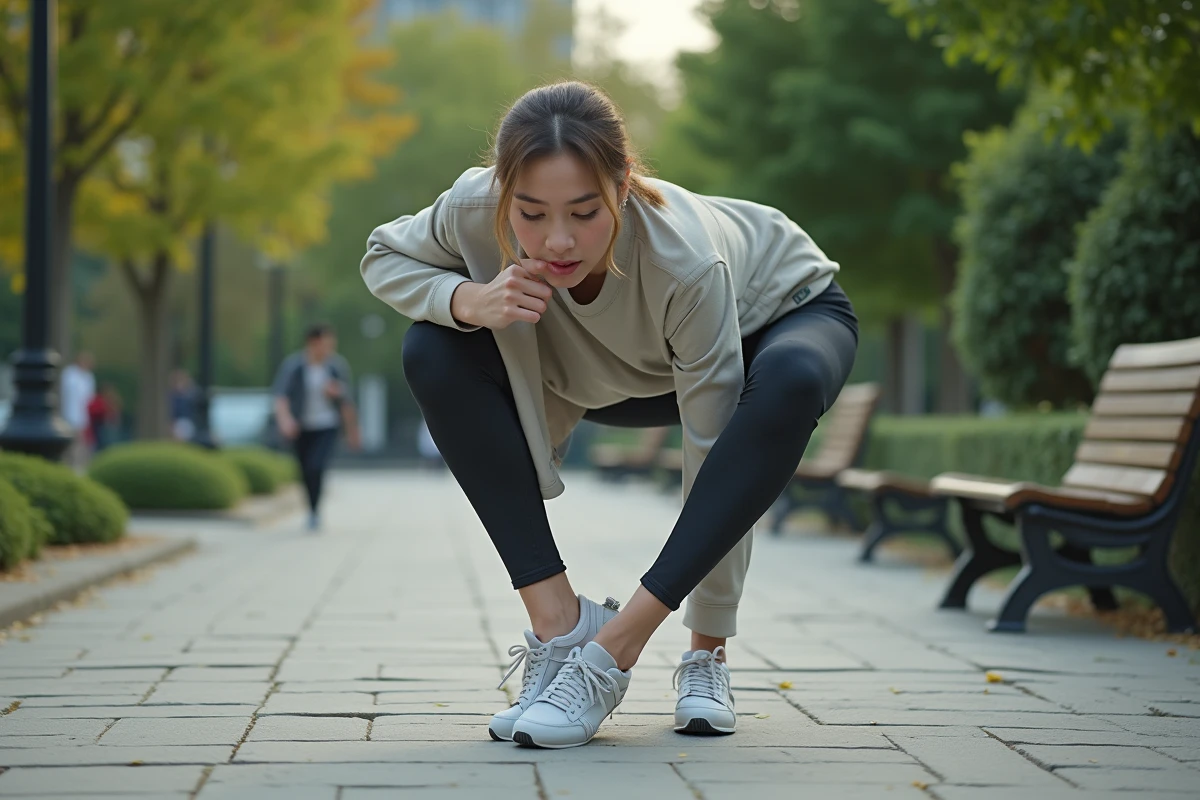 Jeune femme en leggings retire sa chaussure dans un parc urbain