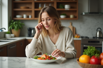 Femme mangeant un bol de légumes et saumon dans la cuisine