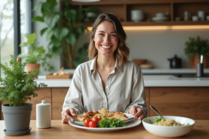 Femme souriante préparant un repas sain dans la cuisine lumineuse