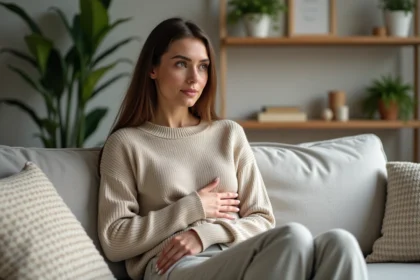 Femme en détente dans un salon chaleureux et lumineux