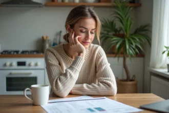 Femme lisant ses résultats de test dans une cuisine moderne